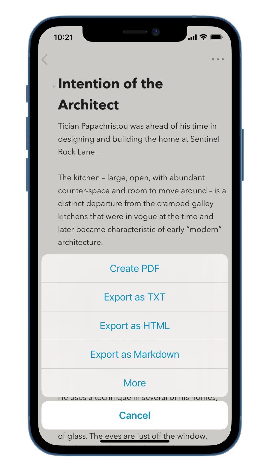 A note being exported as pdf, html, markdown, and txt